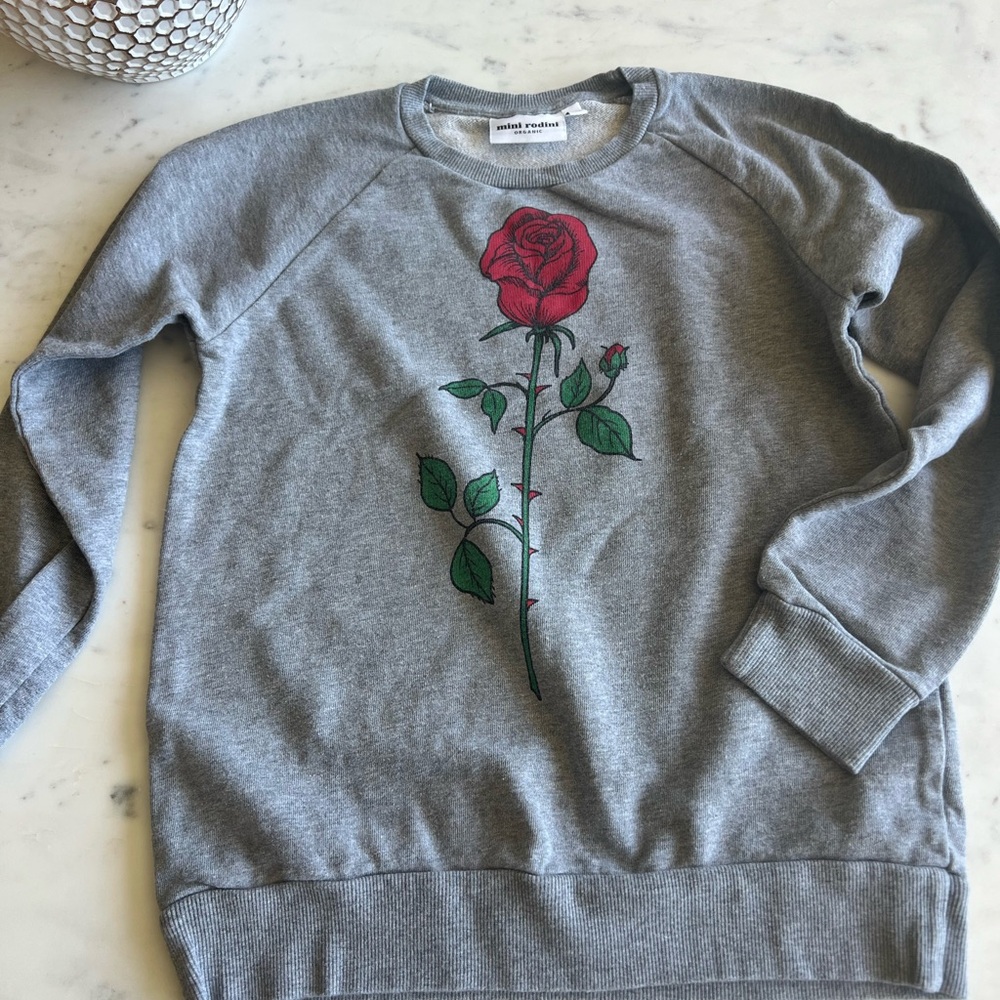 Mini Rodini Gray Sweatshirt with Red and Green Rose Design